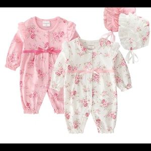 Baby girl floral cotton Pink and White romper and hat set, Long Sleeve, NWT